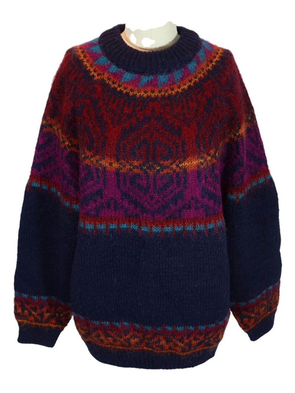 Vintage Mohair Wool Fair Isle Sweater Size XL Fuzzy Chunky Heavy jewel Tone